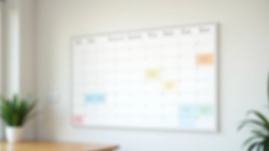 Calendrier annuel sur le mur avec des jalons marqués aux quatre trimestres, couleurs différentes par saison