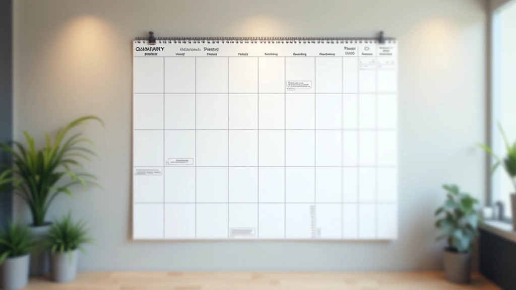 Calendrier annuel affiché au mur avec jalons marqués par trimestre