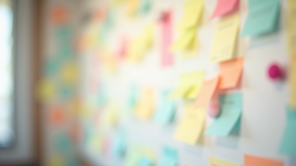 Mur d'objectifs avec post-its colorés organisés par catégories (santé, travail, relations)