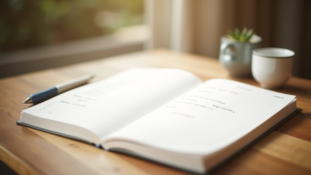Cahier de planification ouvert avec objectifs écrits à la main, lumière naturelle douce