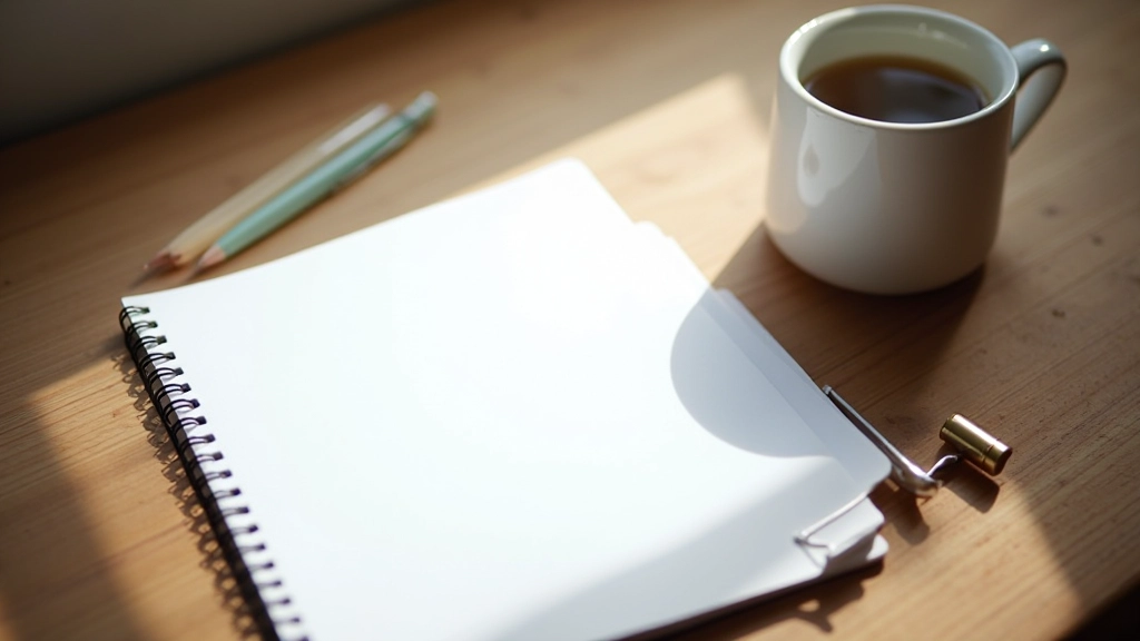 Cahier de planification ouvert sur un bureau avec stylo et tasse de café, lumière naturelle du matin