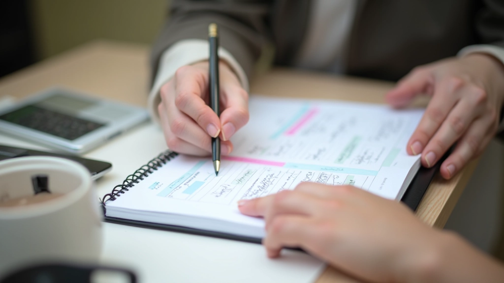 Personne écrivant dans un journal d'auto-évaluation avec des pages colorées et des sections organisées